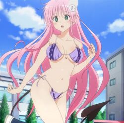 1girl anime_screenshot bikini blush breasts female_focus green_eyes hair_ornament lala_satalin_deviluke legs long_hair nature navel nude_filter outdoors pink_hair plant sky solo swimsuit tail thighs third-party_edit to_love-ru