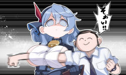 1boy 1girl ako_(blue_archive) bell black_gloves black_necktie blue_archive blue_eyes blue_hair breasts bright_pupils clenched_hand clipboard closed_mouth collared_shirt doodle_sensei_(blue_archive) earrings gloves hair_between_eyes holding holding_clipboard jewelry large_breasts long_hair nada_haruka neck_bell necktie outline punching sensei_(blue_archive) shaded_face shirt speech_bubble stud_earrings white_outline white_pupils white_shirt