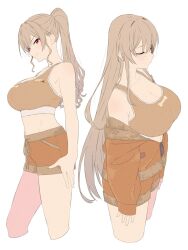 1girl akitetsu bare_shoulders breasts closed_eyes expressionless furen_e_lustario grey_hair hair_down highres jacket large_breasts long_hair looking_at_viewer multiple_views nijisanji off_shoulder open_clothes open_jacket ponytail short_shorts shorts simple_background smile sports_bra very_long_hair white_background