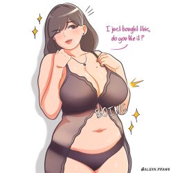 1girl alexndraws babydoll belly black_babydoll black_panties breasts brown_eyes cleavage collarbone commentary earrings english_commentary english_text hair_behind_ear hand_on_own_shoulder highres jewelry large_breasts mature_female mole mole_above_eye navel necklace notice_lines one_eye_closed original panties parted_lips raised_eyebrow solo sound_effects sparkle twitter_username underwear