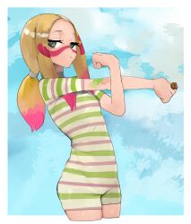 1girl alternate_costume aqua_eyes bad_id bad_tumblr_id blonde_hair clenched_hands closed_mouth colored_tips creatures_(company) cropped_legs cross-body_stretch facepaint game_freak half-closed_eyes hand_up jewelry legs_together long_hair low_ponytail mina_(pokemon) multicolored_hair nintendo old-fashioned_swimsuit one-piece_swimsuit outstretched_arm pink_hair pokemon pokemon_sm ponytail raichiyo ring solo standing striped_clothes striped_one-piece_swimsuit swimsuit two-tone_hair