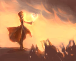 1boy black_coat_(kingdom_hearts) black_pants cloud cloudy_sky commentary english_commentary faceless floating_clothes glowing heart heartless_(kingdom_hearts) hood hood_up illbewaiting kingdom_hearts kingdom_hearts_ii looking_to_the_side male_focus outstretched_arm painterly pants roxas sky standing twilight