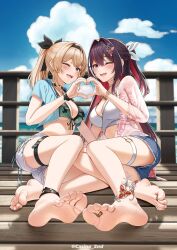 2girls ;d anklet azki_(hololive) barefoot bikini black_bikini blonde_hair blue_shorts blush breasts casino_(casinoep) colored_inner_hair day feet foot_focus full_body hair_intakes hair_ribbon half_updo heart heart_hands heart_hands_duo highres hololive jacket jewelry kazama_iroha large_breasts long_hair long_sleeves medium_breasts mole mole_under_eye multicolored_hair multiple_girls one_eye_closed open_clothes open_jacket open_mouth outdoors ponytail red_hair revision ribbon short_sleeves shorts smile soles swimsuit thigh_strap toe_ring toes very_long_hair virtual_youtuber white_bikini white_shorts