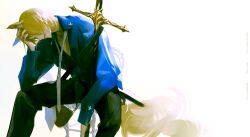 1boy absurdres animal_ears arknights black_pants blonde_hair blue_shirt hand_on_own_head highres horse_boy horse_ears horse_tail kou_zhua leaning_forward long_sleeves male_focus mlynar_(arknights) pants parted_lips polearm shirt sitting solo tail weapon white_background