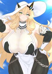 1girl absurdres bare_shoulders barghest_(fate) barghest_(fgo_fes._2025)_(fate) biceps black_dress blue_sky blush breasts chain chain_bracelet dress elbow_gloves fate/grand_order fate_(series) gloves hat highres horns huge_breasts long_hair looking_at_viewer muscular muscular_female pelvic_curtain sideboob sky smile solo sun_hat thick_thighs thighs tucv5345 two-tone_dress white_dress white_hat