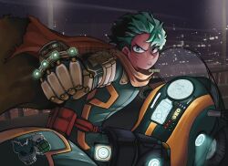 bakudeku bluinku23 boku_no_hero_academia bones_(company) cape city driving freckles gloves green_hair highres looking_back midoriya_izuku motor_vehicle motorcycle night night_sky scar shounen_jump sky superhero_costume