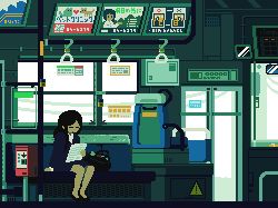 1girl ad animated animated_gif arm_at_side bench black_footwear black_hair caution closed_eyes door female_focus hand_grip long_hair lowres office_lady original pixel_art power_lines sitting solo sunlight toyoi_yuuta train_interior utility_pole window