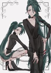 1girl backless_dress backless_outfit black_choker black_dress breasts choker collarbone dress earrings english_text flower green_flower green_rose grey_hair hair_over_one_eye hand_on_own_hip high_heels highres jewelry long_hair mtkpasta multiple_earrings naked_dress nintendo poke_ball pokemon pokemon_sv ponytail red_eyes rika_(pokemon) rose see-through_clothes see-through_dress simple_background small_breasts thigh_strap very_long_hair white_background