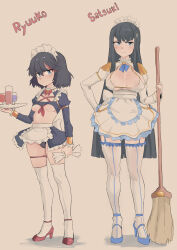 2girls absurdres alternate_costume apron bikini black_hair black_panties breasts broom cafin character_name dress enmaided female_focus full_body glass hand_on_own_hip high_heels highres holding holding_broom holding_tray kill_la_kill kiryuuin_satsuki large_breasts long_hair maid maid_headdress matoi_ryuuko multiple_girls panties red_footwear red_hair shiny_skin shoes short_dress siblings sisters small_breasts standing swimsuit thighhighs tray underwear waist_apron white_bikini white_thighhighs