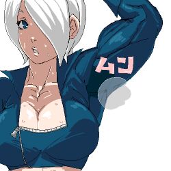 1girl angel_(kof) blue_eyes breasts cleavage curvy female_focus jacket large_breasts leather muscular short_hair solo sweat sweatdrop the_king_of_fighters wet white_hair zangi