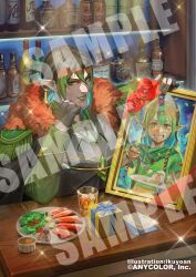 1boy artist_name black_gloves black_hair bottle box commentary_request copyright_notice eyeshadow flower food gift gift_box glass gloves green_hair green_lips green_nails green_shirt grin hair_between_eyes hanabatake_chaika ice ice_cube ikuyoan makeup male_focus multicolored_hair nail_polish nijisanji official_art painting_(object) partially_fingerless_gloves plate pointy_ears red_flower sample_watermark shirt smile solo sparkle streaked_hair tassel teeth virtual_youtuber watermark yellow_eyes