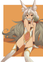 Rule 34 | 1girl, absurdres, animal ear fluff, animal ears, blush, border, breasts, cat ears, cat girl, cleavage, commentary request, eushima (sgr), gloves, grey hair, hair ribbon, highleg, highleg leotard, highres, leotard, long hair, low twintails, navel, nia (blade) (xenoblade), nia (xenoblade), orange background, outside border, red ribbon, ribbon, simple background, sitting, small breasts, solo, strapless, strapless leotard, twintails, very long hair, white border, white gloves, xenoblade chronicles (series), xenoblade chronicles 2, yellow eyes