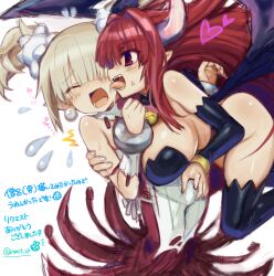 1boy 1girl androgynous assertive_female breasts bulge closed_eyes commentary_request commission demon_girl disgaea earrings erection erection_under_clothes grey_hair heart hetero highres horns jewelry large_breasts licking licking_another&#039;s_face long_hair male_healer_(disgaea) pointy_ears purple_eyes red_hair sasaki_shou skeb_commission sketch succubus_(disgaea) thighhighs tongue tongue_out translation_request wings