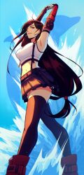 1girl arms_up bare_shoulders black_hair black_skirt black_sports_bra black_thighhighs breasts caminukai crop_top dolphin earrings elbow_pads final_fantasy final_fantasy_vii final_fantasy_vii_remake fingerless_gloves gloves highres jewelry large_breasts long_hair low-tied_long_hair midriff red_eyes single_arm_guard single_elbow_pad skirt smile solo sports_bra stretching suspender_skirt suspenders suspenders_gap tank_top teardrop_earrings thighhighs tifa_lockhart white_tank_top
