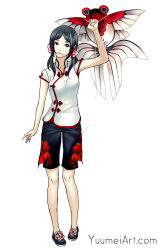 1girl black_eyes black_hair china_dress chinese_clothes dress female_focus highres kite long_hair original shorts solo watermark web_address yuumei
