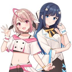 2girls :d ahoge arm_strap bare_shoulders belt black_choker black_hair black_shirt black_skirt blue_eyes blue_nails bow braid breasts brown_hair choker closed_mouth collarbone crop_top crop_top_overhang flower hair_bow hair_flower hair_ornament hair_ribbon half_updo hand_up highleg long_hair looking_at_viewer midriff multicolored_hair multiple_girls nail_polish navel nearis official_art open_mouth red_eyes ribbon shiromikan shirt short_hair short_sleeves simple_background single_sleeve skirt small_breasts smile stomach streaked_hair undershirt upper_body white_background white_shirt wrist_cuffs
