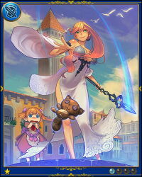 2girls artist_request bird blonde_hair blue_border blue_eyes border breasts casting_spell child closed_mouth cloud day dress fountain green_eyes holding holding_staff hydrokinesis jpeg_artifacts large_breasts multiple_girls nervous novice_marine_magician official_art outdoors pink_dress shingeki_no_bahamut shoulder_blush staff stuffed_raccoon third-party_source water white_dress