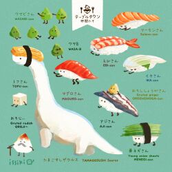 absurdres animal animal_focus artist_name black_eyes closed_mouth english_text facial_hair fish_(food) food food_focus green_background highres issiki_toaki makizushi mustache no_humans omelet onigiri original rice simple_background solid_circle_eyes sushi