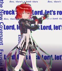 1girl :d absurdres ahoge arknights black_gloves black_shorts character_name chinese_commentary commentary_request crop_top cropped_jacket english_text exusiai_(arknights) exusiai_the_new_covenant_(arknights) feet_out_of_frame finger_gun fingerless_gloves gloves gradient_background green_outline grey_background grin highres ke&#039;ai_de_ri_bao long_sleeves looking_at_viewer open_mouth orange_eyes outline pointing red_hair shirt short_hair shorts smile solo text_background thigh_strap thighhighs v white_shirt white_thighhighs
