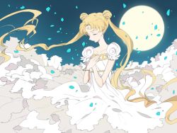1990s_(style) 1girl bead_bracelet beads bishoujo_senshi_sailor_moon blonde_hair bracelet camelot closed_eyes crescent crescent_facial_mark double_bun dress facial_mark female_focus full_moon hair_bun hands_on_own_chest jewelry long_hair moon own_hands_together petals princess_serenity retro_artstyle solo tsukino_usagi twintails white_dress