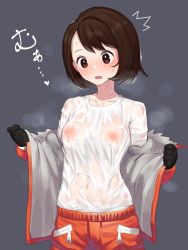 1girl ^^^ black_gloves blush breasts brown_hair coat commentary_request covered_navel expedition_uniform gloria_(pokemon) gloves heart highres ie_(raarami) long_sleeves looking_down navel nintendo nipples no_bra open_clothes open_coat orange_coat orange_pants pants pokemon pokemon_swsh red_eyes see-through_clothes shirt short_hair small_breasts solo steaming_body sweat swept_bangs tareme undressing wet wet_clothes wet_shirt white_shirt