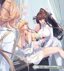 3girls akigumo_(kancolle) alcohol blonde_hair blush bra breasts brown_eyes brown_hair cherry_blossoms cup drinking_glass drunk flower hair_between_eyes hair_flower hair_ornament headgear highres himeyamato holding holding_cup iowa_(kancolle) kantai_collection large_breasts leg_on_another&#039;s_shoulder leg_up long_hair long_sleeves multiple_girls open_mouth ponytail thighs to_be_continued underwear very_long_hair walk-in wine wine_glass yamato_(kancolle) yuri
