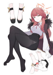 1boy 1girl absurdres ankle_bow ankle_ribbon doodle_sensei_(blue_archive) aru_(blue_archive) barefoot black_footwear black_pantyhose black_skirt blue_archive blunt_bangs bow breasts brown_eyes coat coat_on_shoulders collared_shirt crossed_legs eyelashes feet feet_on_chair flying_sweatdrops foot_focus full_body fur_collar gloves halo high-waist_skirt highres invisible_chair lan_mao_akko large_breasts legs licking licking_foot long_hair long_sleeves looking_at_viewer neck_ribbon no_shoes no_socks pantyhose parted_lips pink_hair puffy_long_sleeves puffy_sleeves red_ribbon ribbon sensei_(blue_archive) shirt side_slit simple_background sitting skirt soles spread_toes thighband_pantyhose thighs toe_cleavage toenails toes tongue tongue_out white_background white_gloves