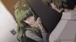 1boy 1girl black_eyes collarbone door doorway glasses green_hair hair_over_eyes hikage_monogatari hunched_over indoors intercom jimiko messy_hair mojyo nerdy_girl&#039;s_story open_door opening_door tsuchiya_shizuku unkempt urin