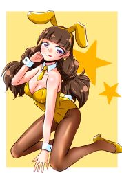 1girl :p amanogawa_kirara animal_ear_hairband animal_ears bare_shoulders blush border bow bowtie breasts brown_hair brown_pantyhose buta_obutu cleavage commentary covered_navel detached_collar fake_animal_ears go!_princess_precure hairband high_heels highres kneeling leotard long_hair looking_at_viewer medium_breasts pantyhose playboy_bunny precure purple_eyes rabbit_ear_hairband rabbit_ears shoes solo strapless strapless_leotard tongue tongue_out traditional_bowtie white_border white_wrist_cuffs wrist_cuffs yellow_background yellow_leotard yellow_shoes