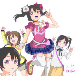 1boy 3girls absurdres black_hair blush bow brother_and_sister brown_hair closed_mouth flower hair_bobbles hair_bow hair_flower hair_ornament highres looking_at_viewer love_live! love_live!_school_idol_project multiple_girls nakamr nico_nico_nii one_eye_closed open_mouth parted_lips red_bow red_eyes shoes siblings side_ponytail simple_background sisters skirt smile standing twintails white_background wink yazawa_cocoa yazawa_cocoro yazawa_cotaro yazawa_nico yellow_bow