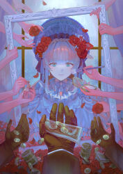 1girl absurdres applying_another&#039;s_makeup applying_makeup banknote black_gloves blue_eyes blue_hair blunt_bangs bonnet bottle closed_mouth coin commentary_request disembodied_hand flower gloves hair_flower hair_ornament hand_mirror highres holding holding_brush holding_flower holding_makeup_brush holding_money lolita_fashion long_hair long_sleeves looking_at_viewer makeup_brush mirror money original perfume_bottle petals picture_frame red_flower red_rose rose solo_focus sumire_(pwkx4575) too_many_hands upper_body window