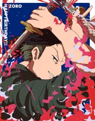 1boy 3110_1951 bandana black_bandana blue_background commentary_request green_hair happy_birthday highres holding holding_sword holding_weapon male_focus one_piece roronoa_zoro short_hair smoke solo sword upper_body v-shaped_eyebrows weapon