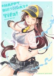 1girl arm_behind_back baseball_cap bikini bikini_under_clothes birthday black_bikini black_hair border breasts brown_hair character_name closed_mouth commentary_request cowboy_shot dated denim denim_skirt earrings final_fantasy final_fantasy_vii final_fantasy_vii_ever_crisis fingerless_gloves frayed_skirt gloves gradient_background grey_skirt halterneck happy_birthday hat index_finger_raised jewelry large_breasts lifeguard long_hair looking_at_viewer low-tied_long_hair navel official_alternate_costume one_eye_closed outside_border pilichili red_eyes see-through_clothes see-through_shirt shirt short_sleeves side-tie_bikini_bottom single_sidelock skirt smile solo stomach swimsuit tifa_lockhart tifa_lockhart_(lifeguard) twitter_username water wet wet_clothes wet_shirt whistle whistle_around_neck white_border white_shirt yellow_gloves