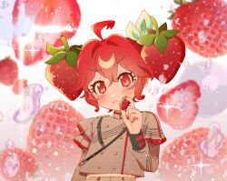 1girl ahoge alternate_hair_length alternate_hairstyle blurry blush closed_mouth commentary_request food food-themed_hair_ornament fork frown fruit grey_shirt hair_ornament hareeangkki highres holding holding_food holding_fruit kasane_teto korean_commentary long_sleeves looking_at_viewer original red_eyes red_hair shirt short_hair smile solo strawberry strawberry_hair_ornament twintails upper_body vocaloid water_drop