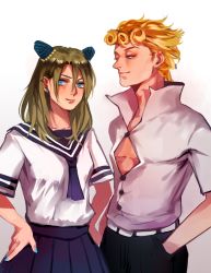 1boy 1girl baiyishaonian_huam blonde_hair blue_eyes blue_hair blue_nails cone_hair_bun earrings giorno_giovanna gradient_background green_hair hair_bun hand_in_pocket hands_on_own_hips highres jewelry jojo_no_kimyou_na_bouken kuujou_jolyne nail_polish school_uniform serafuku unbuttoned vento_aureo