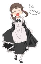 Rule 34 | 1girl, absurdres, alternate costume, apron, black apron, black dress, black shoes, blush, brown hair, closed eyes, doujima nanako, dress, full body, hair ribbon, highres, long sleeves, maid day, open mouth, persona, persona 4, pink ribbon, ribbon, shoes, short twintails, simple background, solo, standing, tansansui udon, twintails, white background