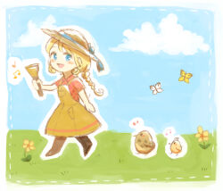 1girl :d baby_animal bell bird blonde_hair blue_bow blue_eyes blue_sky blush_stickers bokujou_monogatari bokujou_monogatari:_mittsu_no_sato_no_taisetsuna_tomodachi bow braid brown_overalls bug butterfly chibi chibi_only chick chicken cloud cocoa_1211 collared_shirt day dotted_line flower following full_body hat hat_bow holding holding_bell insect inset_border long_hair looking_at_viewer musical_note nanami_(bokujou_monogatari) on_grass open_mouth outdoors outline overall_skirt overalls shirt short_sleeves sky smile solo sun_hat twin_braids walking white_butterfly white_outline yellow_butterfly yellow_flower
