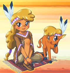 1girl buffalo dark_skin dual_persona little_strongheart my_little_pony my_little_pony:_equestria_girls my_little_pony:_friendship_is_magic native_american personification pony_(animal) tagme uotapo
