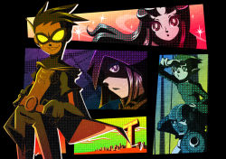 2girls 3boys :o alien animification beast_boy_(dc) belt bob_cut bodysuit building cape cartoon_network city cyborg cyborg_(dc) dark_skin dc_comics dick_grayson domino_mask gloves goggles hand_on_own_hip hood island ladama mask multiple_boys multiple_girls one-eyed pointy_ears polka_dot profile raven_(dc) robin_(dc) starfire stipple teen_titans victor_stone