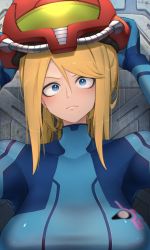 1girl arms_up blonde_hair blue_eyes blush closed_mouth collarbone hair_between_eyes helmet highres holding holding_helmet kashu_(hizake) long_hair looking_at_viewer metroid metroid:_zero_mission mole mole_under_mouth nintendo rust samus_aran solo turtleneck uppercut zero_suit