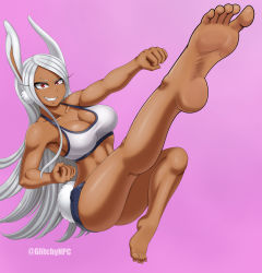 1girl abs animal_ear_fluff animal_ears armpits artist_name bare_shoulders barefoot blouse boku_no_hero_academia breasts cleavage clenched_hands clenched_teeth collarbone dark-skinned_female dark_skin exercising eyelashes feet female_focus fighting_pose fighting_stance fingernails full_body glitchynpc happy highres jumping kicking large_breasts legs long_hair long_image looking_at_viewer midriff mirko muscular muscular_female navel neck pants parted_bangs pink_background rabbit_ears rabbit_girl rabbit_tail red_eyes shirt short_shorts shorts simple_background skin_tight sleeveless sleeveless_shirt smirk smug soles tank_top teeth thighs tight_clothes tight_pants tight_shirt toenails toes white_hair white_tank_top