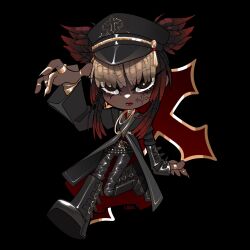 1girl belt belt_buckle black_background black_belt black_boots black_coat black_eyes black_hair black_hat black_pants blonde_hair boots bracelet bright_pupils buckle chibi claw_pose closed_mouth coat cross cross_print cross_tattoo crossed_belts dark-skinned_female dark_skin dreadlocks expressionless eyes_visible_through_hair eyeshadow facial_tattoo gold_belt gold_bracelet gold_necklace gold_ring hat hat_tassel high_belt highres jewelry knee_boots layered_sleeves leather leather_pants leg_up lipstick long_sleeves makeup military_hat military_uniform multicolored_hair multiple_belts multiple_rings necklace original pants peaked_cap red_coat red_eyeshadow red_hair red_lips ring shaded_face shoe_belt short_hair_with_long_locks short_over_long_sleeves short_sleeves short_twintails simple_background solo studded_belt tattoo twintails two-sided_coat two-sided_fabric very_dark_skin white_pupils wikate