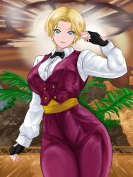 1girl absurdres bar bartender blonde_hair blue_eyes bow bowtie breasts curvy earrings female_focus formal_clothes gloves highres jewelry king_(snk) large_breasts long_sleeves looking_at_viewer pants restaurant shirt short_hair smile standing suit the_king_of_fighters thick_thighs thighs tuxedo valneeko white_shirt wide_hips