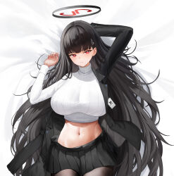 1girl absurdres arm_behind_head black_hair black_pantyhose black_skirt blazer blue_archive blush breasts commentary_request hair_ornament hairclip halo highres jacket large_breasts long_hair lying midriff on_back pantyhose parted_lips pleated_skirt red_eyes ribbed_sweater ringed_eyes rio_(blue_archive) samurai_hongzao skirt solo sweater turtleneck turtleneck_sweater very_long_hair white_sweater