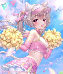 1girl animal_ears armpits bare_shoulders blonde_hair blush bow breasts cat_ears cat_girl cat_tail cheerleader crop_top cropped_shirt detached_sleeves frills hair_bow hair_ornament hat holding holding_pom_poms long_hair looking_at_viewer medium_breasts midriff multiple_girls open_mouth original panties pink_eyes pink_shirt pink_skirt pom_pom_(cheerleading) pom_poms shirt sideboob skirt solo tail twintails underwear visor_cap white_panties yuyuko_(yuyucocco)