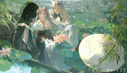 1boy 1girl absurdres animal_ears blurry boat branch chinese_clothes cleavage_cutout clothing_cutout collarbone commission day dtt89211435 facial_mark flower forehead_mark fox_boy fox_ears hair_flower hair_ornament hanfu highres long_hair long_sleeves looking_at_another lotus mandarin_collar oil-paper_umbrella on_boat open_hand original outdoors parted_bangs parted_lips pectorals pink_flower purple_eyes rain sitting smile sunlight tassel umbrella water water_drop watercraft watermark weibo_watermark white_hair white_umbrella wide_sleeves