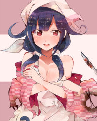 10s 1girl ahoge alternate_costume breasts cleavage commentary_request covering_breasts covering_privates embarrassed eyebrows female_focus fish hat itomugi-kun kantai_collection long_hair medium_breasts multicolored_background open_mouth pink_eyes purple_hair ryuuhou_(kancolle) saury solo taigei_(kancolle) torn_clothes twintails whale yagasuri