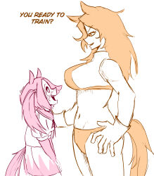 Rule 34 | 2girls, absurdres, animal ears, bra, breasts, comely material morning, dress, gloves, hand on own hip, highres, horse ears, horse girl, horse race tests, jovial merryment, large breasts, long hair, looking down, medium hair, midriff, multiple girls, orange bra, orange eyes, orange hair, orange panties, orange tail, panties, pink hair, pink tail, sailor collar, simple background, size difference, starlinkman, sweat, underwear, white background, white dress, white gloves