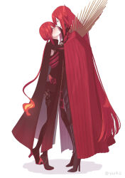 1boy 1girl black_bodysuit black_boots black_cape blush bodysuit boots cape cloak closed_mouth collared_cape face-to-face fate/grand_order fate_(series) fiery_hair full_body hair_between_eyes hand_on_another&#039;s_face height_difference hetero high_heel_boots high_heels imminent_kiss incest long_hair long_sleeves looking_at_another low_ponytail nose_blush oda_nobukatsu_(fate) oda_nobukatsu_(third_ascension)_(fate) oda_nobunaga_(fate) oda_nobunaga_(maou_avenger)_(fate) open_mouth ponytail popped_collar red_cape red_cloak red_eyes red_hair shadow sidelocks simple_background sleeveless sleeveless_bodysuit standing sweatdrop tiptoes v-shaped_eyebrows very_long_hair white_background yzrh0