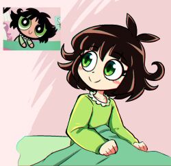Rule 34 | 1girl, black hair, blanket, buttercup (ppg), buttercup redraw challenge (meme), commentary, derivative work, green eyes, green pajamas, medium hair, meme, pajamas, powerpuff girls, quarium, reference inset, screenshot redraw, smile, solo